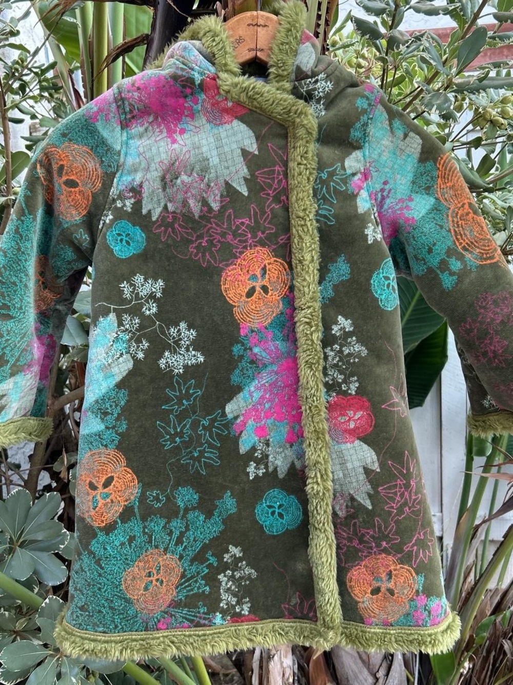 Vintage 90s Kenzo Jungle Floral Faux Fur Trim Hooded Coat Girls Size 6